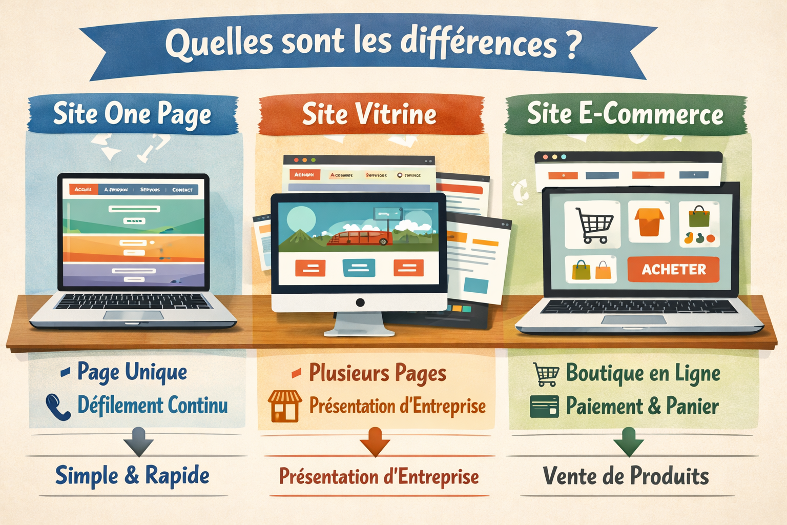 Quelles sont les différences entre un site internet one page, un site vitrine et un site e-commerce ?